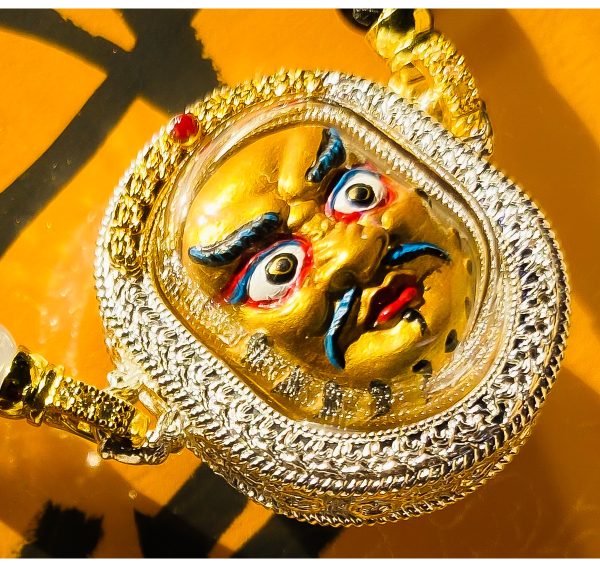 Hand-Painted Black Wealth Deity Pendant Necklace Set - Gold & Silver Amulet 2-Pack